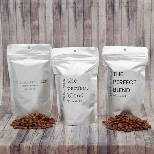 50 Pieces Silver The Perfect Blend Coffee Pouch Bag, Coffee Favor Pouch, Wedding Favors, Bridal Shower Favors,  Bag With Custom Stickers