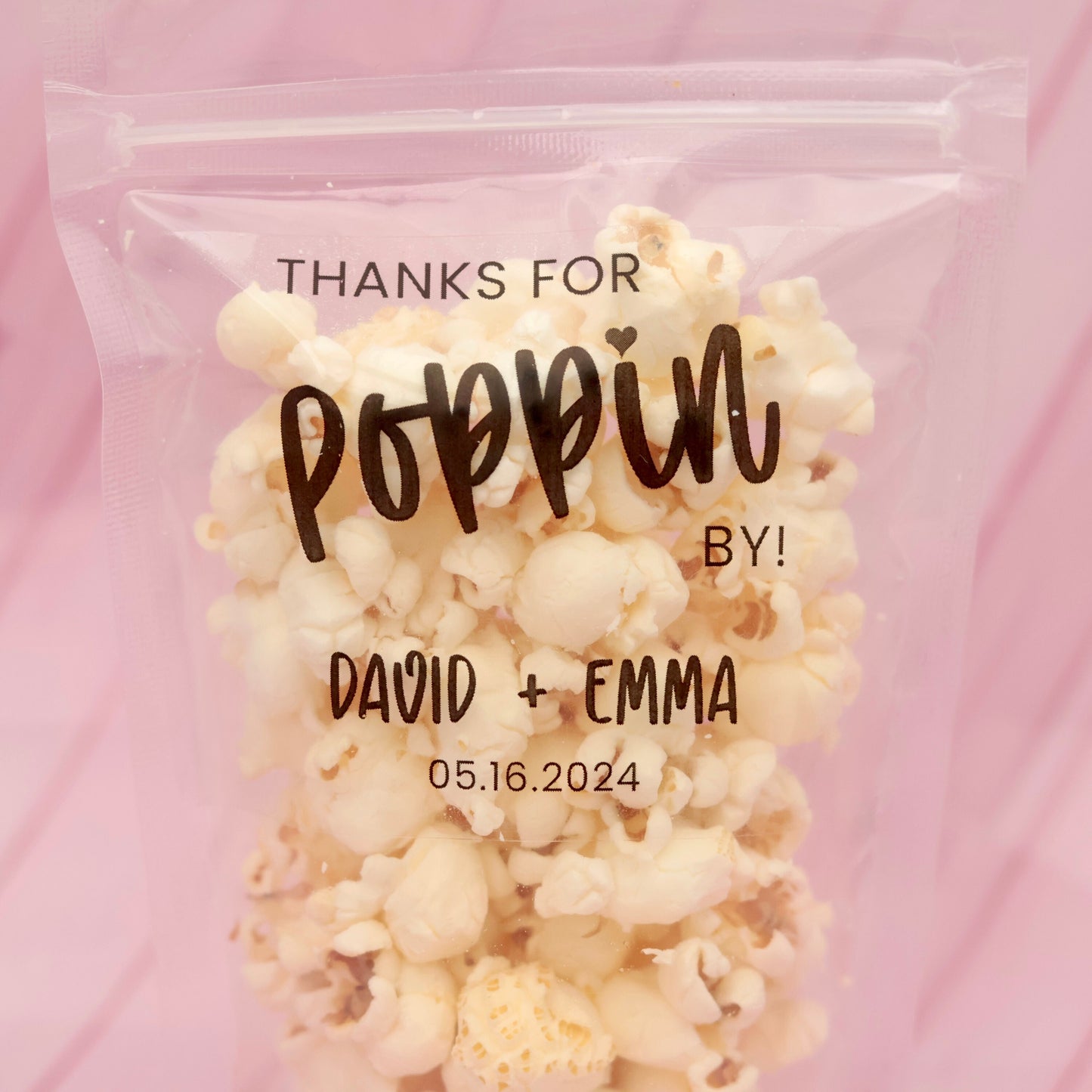 Wedding Treat Bags and Stickers, Thanks for Popping By, Ready To Pop,  Personalized Transparent Zip Pouches, ,Unique Favors, Popcorn Bags
