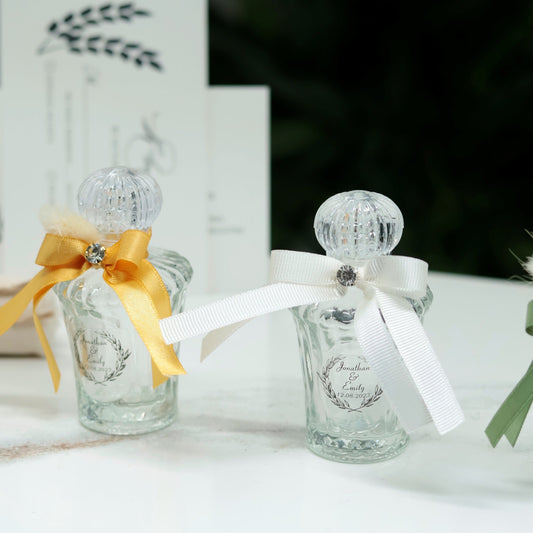 Personalized Cologne Favors | Holy Water Bottle with Decorative Ribbon and Floral Accent | Custom Keepsake for Special Occasions