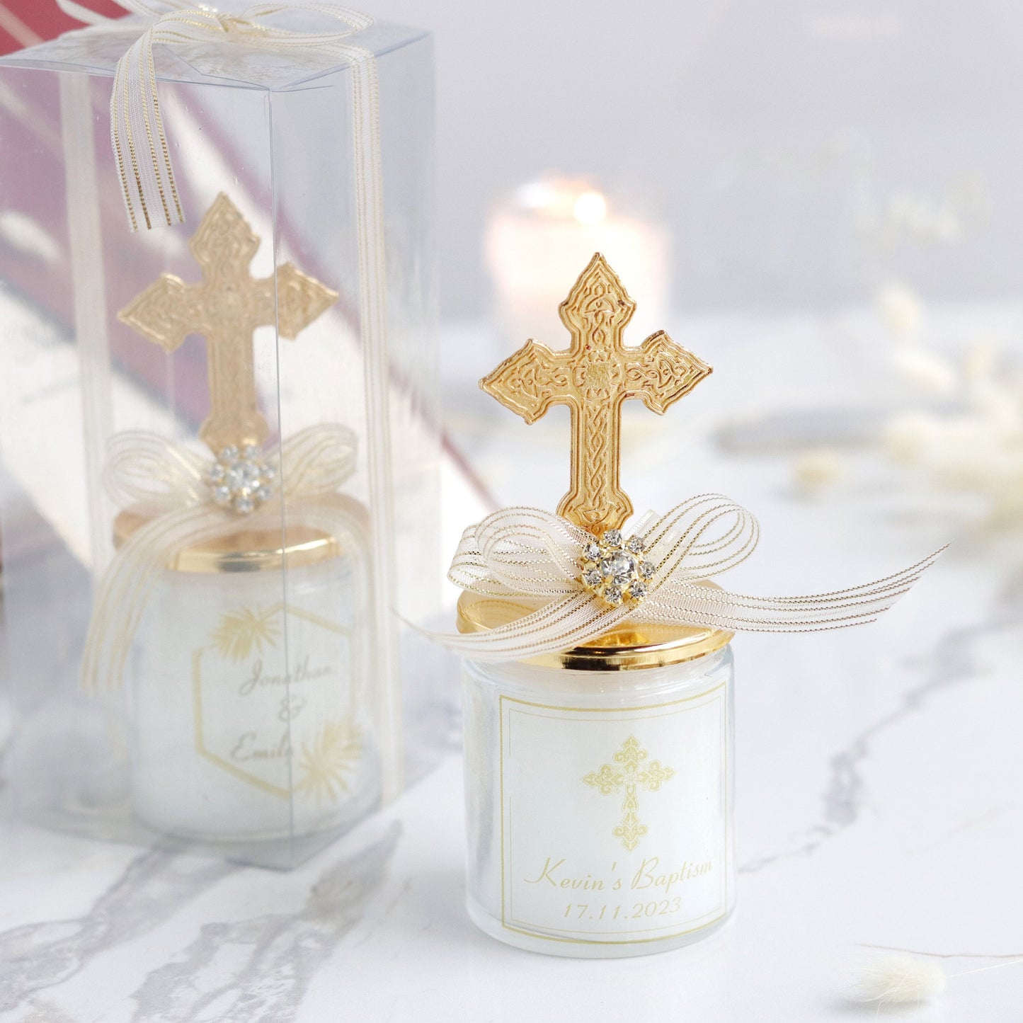Cross Lid Candle Favors, Unique Baptism Favors, Luxury Thank You Favors for Christening, First Communion Gifts, Elegant and Personalized