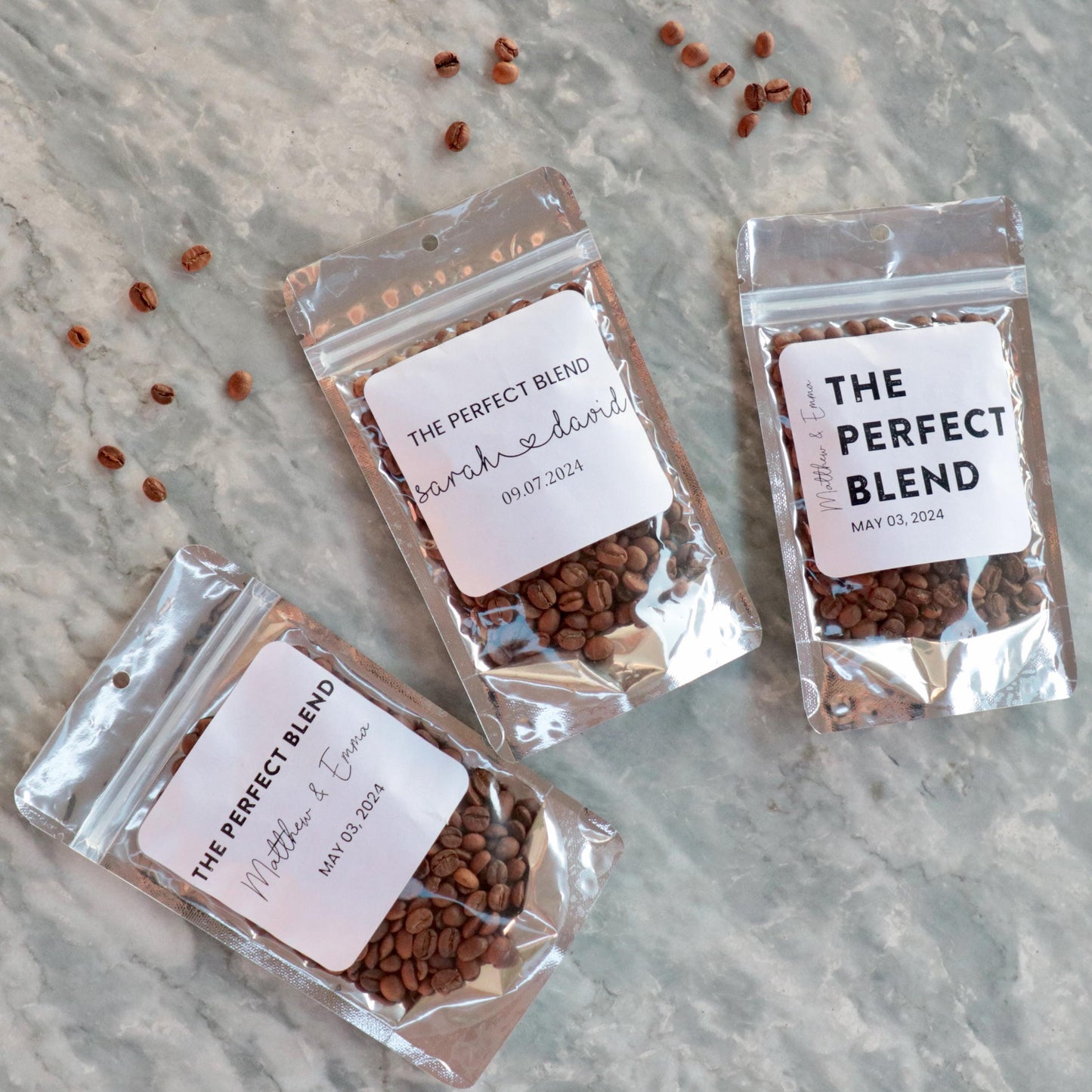 50 Pieces "The Perfect Blend" Personalized Coffee Favor Pouch, Wedding and Bridal Shower Favors, Custom Sticker Coffee Bags