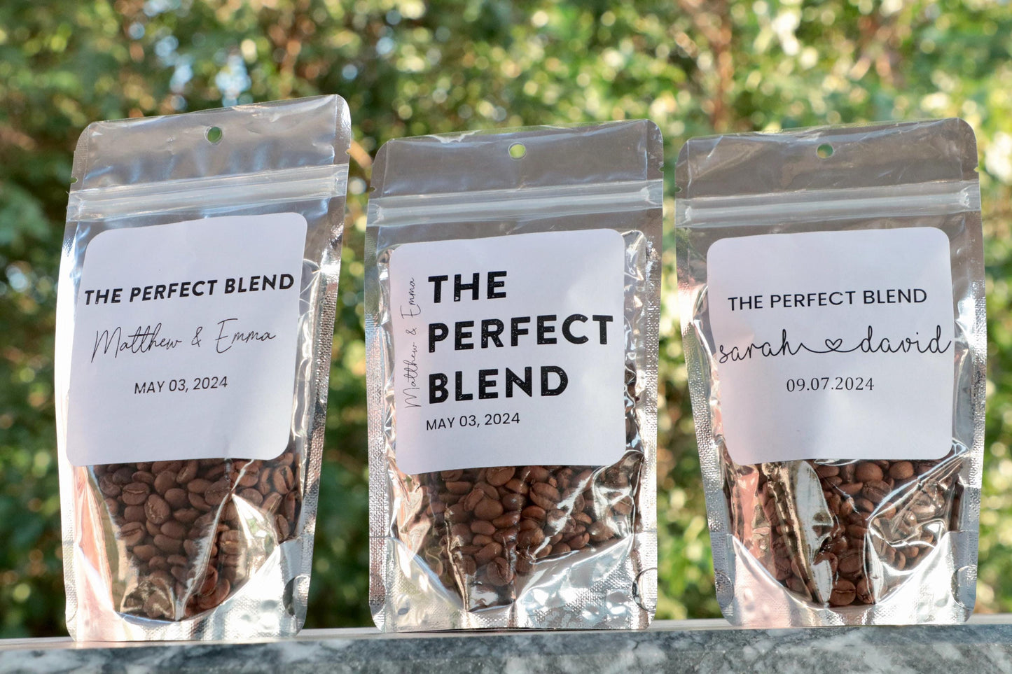 50 Pieces "The Perfect Blend" Personalized Coffee Favor Pouch, Wedding and Bridal Shower Favors, Custom Sticker Coffee Bags