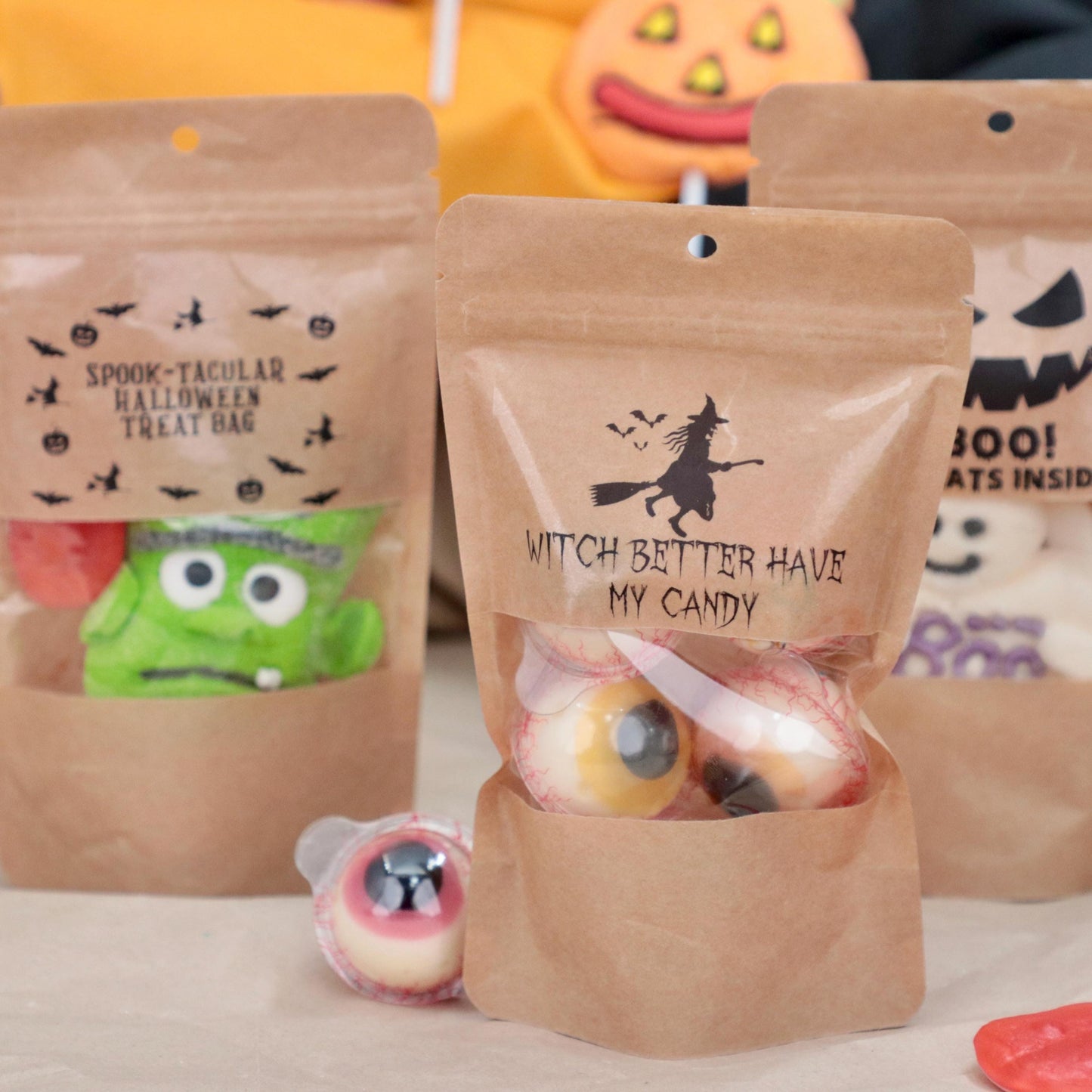 50 Pieces Halloween Treat Bags, Spooky Candy Bags, Personalized Treat Bags, Trick or Treat Bags With Custom Stickers, Fill Your Own Bag
