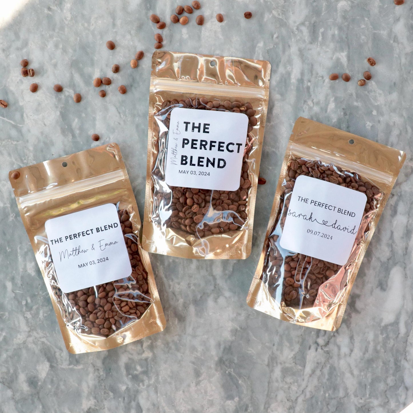 50 Pieces "The Perfect Blend" Wedding Favor Coffee Pouches, Custom Bridal Shower Favors, Bulk Thank You Gifts for Guests