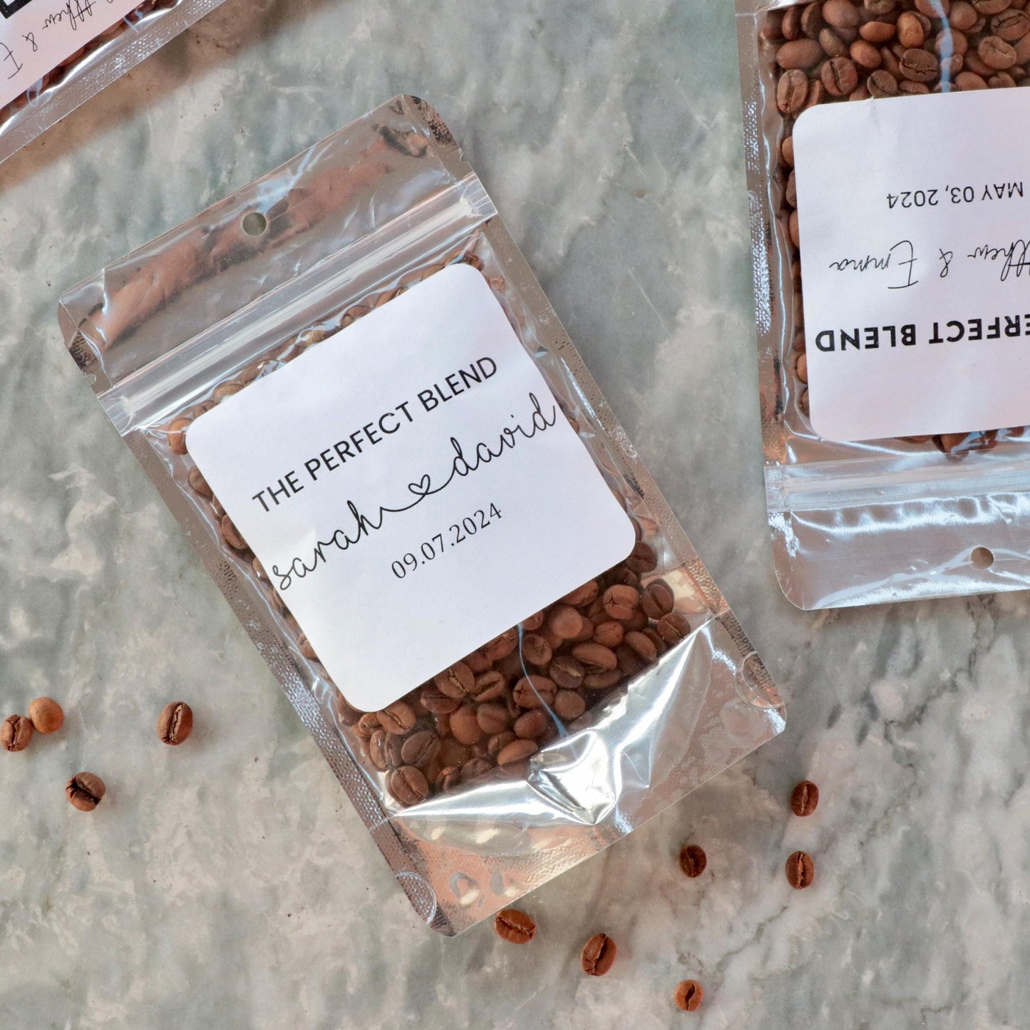 50 Pieces "The Perfect Blend" Personalized Coffee Favor Pouch, Wedding and Bridal Shower Favors, Custom Sticker Coffee Bags