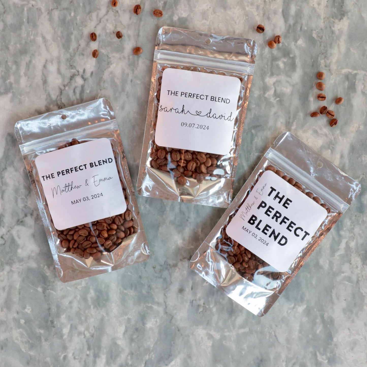 50 Pieces "The Perfect Blend" Personalized Coffee Favor Pouch, Wedding and Bridal Shower Favors, Custom Sticker Coffee Bags