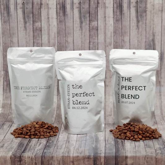 Personalized Wedding Favors, The Perfect Blend Coffee Bags,  Bridal Shower Favors, Coffee Favors in Bulk, Silver Stand Up Coffee Pouches