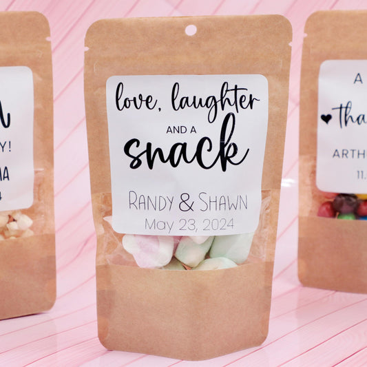 50 Pieces Wedding Treat Bags, Love Laughter and A Snack Favor Bags, Bridal Shower Favors, Wedding Stickers and Bags, Unique Stand Up Bags