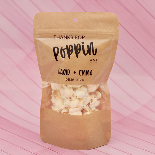 50 Pieces Snack Favor Bags with Custom Labels, Thanks For Popping By, Wedding Popcorn Treat Bags, Ready to Pop, Our Love is Poppin'