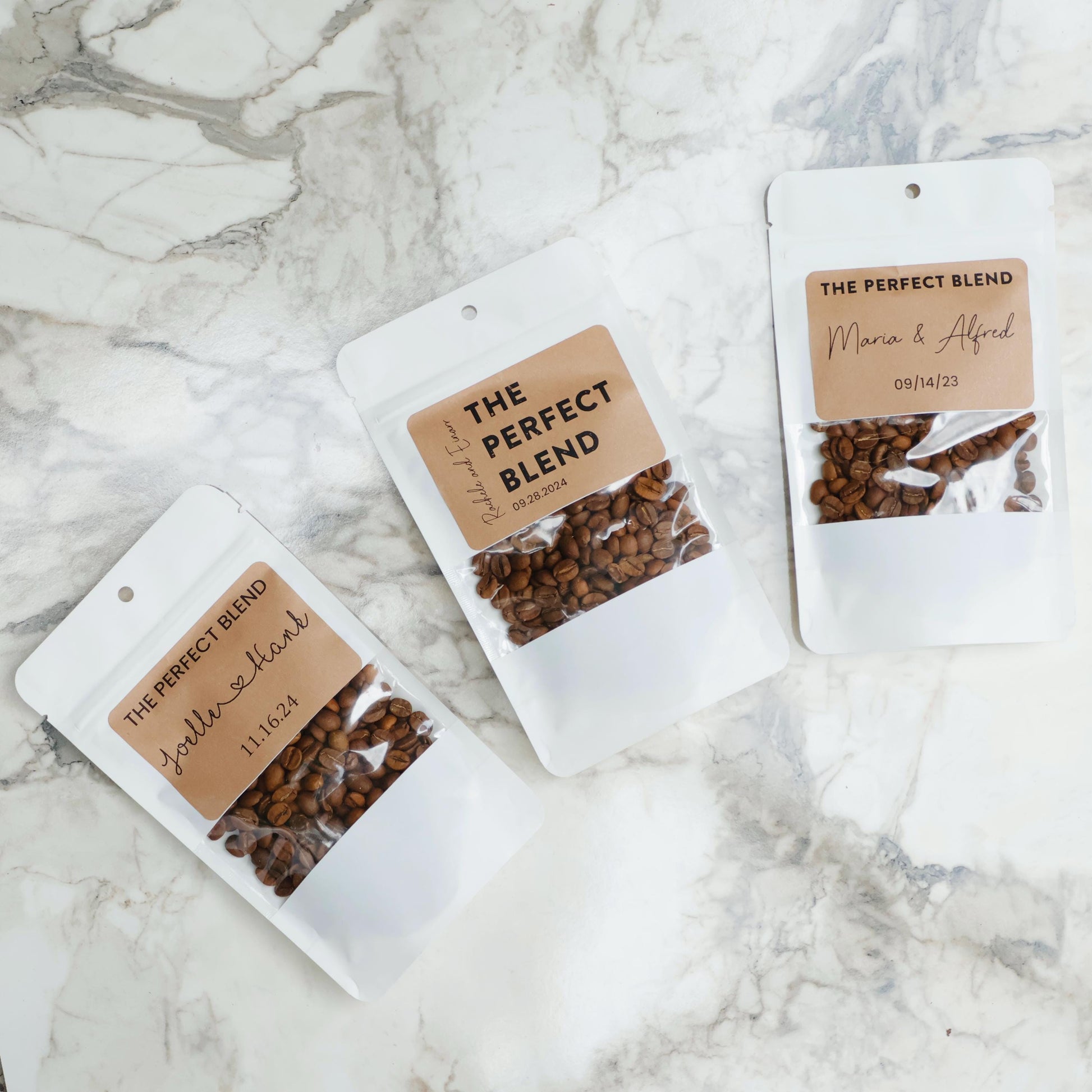 50 Pieces Wedding Favor Coffee Bags, The Perfect Blend, Custom White Coffee Pouch, Wedding Favors, Rehearsal Dinner, Engagement Party Favors