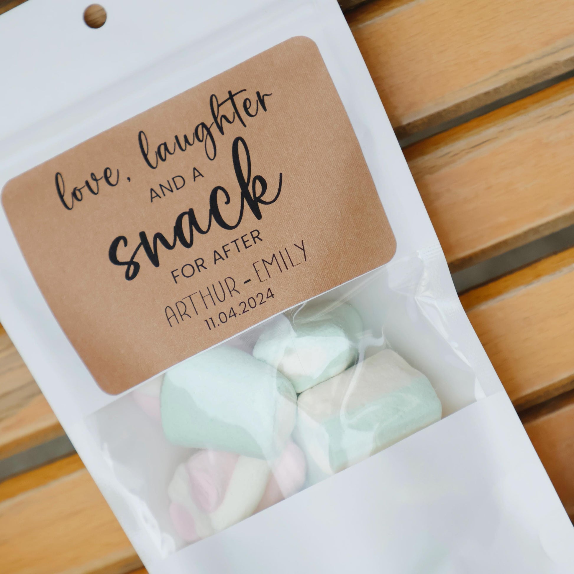 50 Pieces Wedding Favor Bags, Love Laughter and A Snack, A Sweet Thank You, Treat Bags, Wedding Stickers and Bags, Stand Up Zip Lock Bag