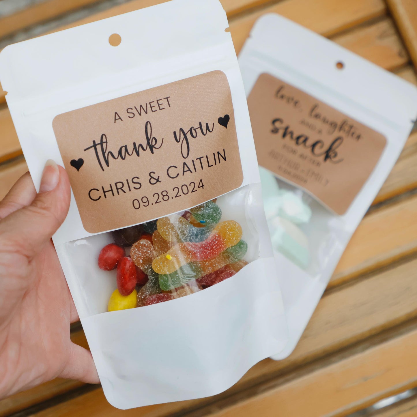 50 Pieces Wedding Favor Bags, Love Laughter and A Snack, A Sweet Thank You, Treat Bags, Wedding Stickers and Bags, Stand Up Zip Lock Bag