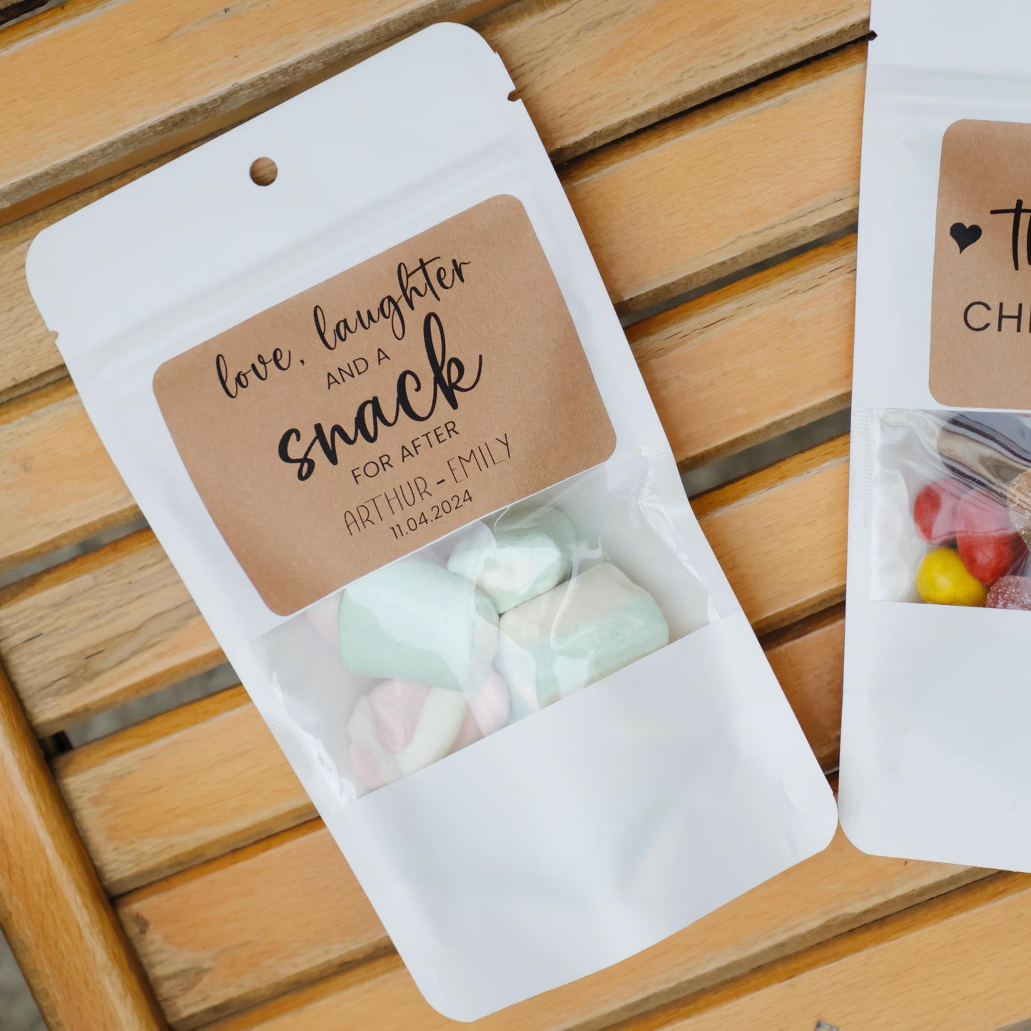 50 Pieces Wedding Favor Bags, Love Laughter and A Snack, A Sweet Thank You, Treat Bags, Wedding Stickers and Bags, Stand Up Zip Lock Bag