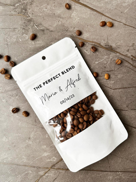 50 Pieces The Perfect Blend Coffee Bag, Wedding Favor White Coffee Pouch, Bridal Shower Favors, Kraft Zip Locked Custom Sticker Bags