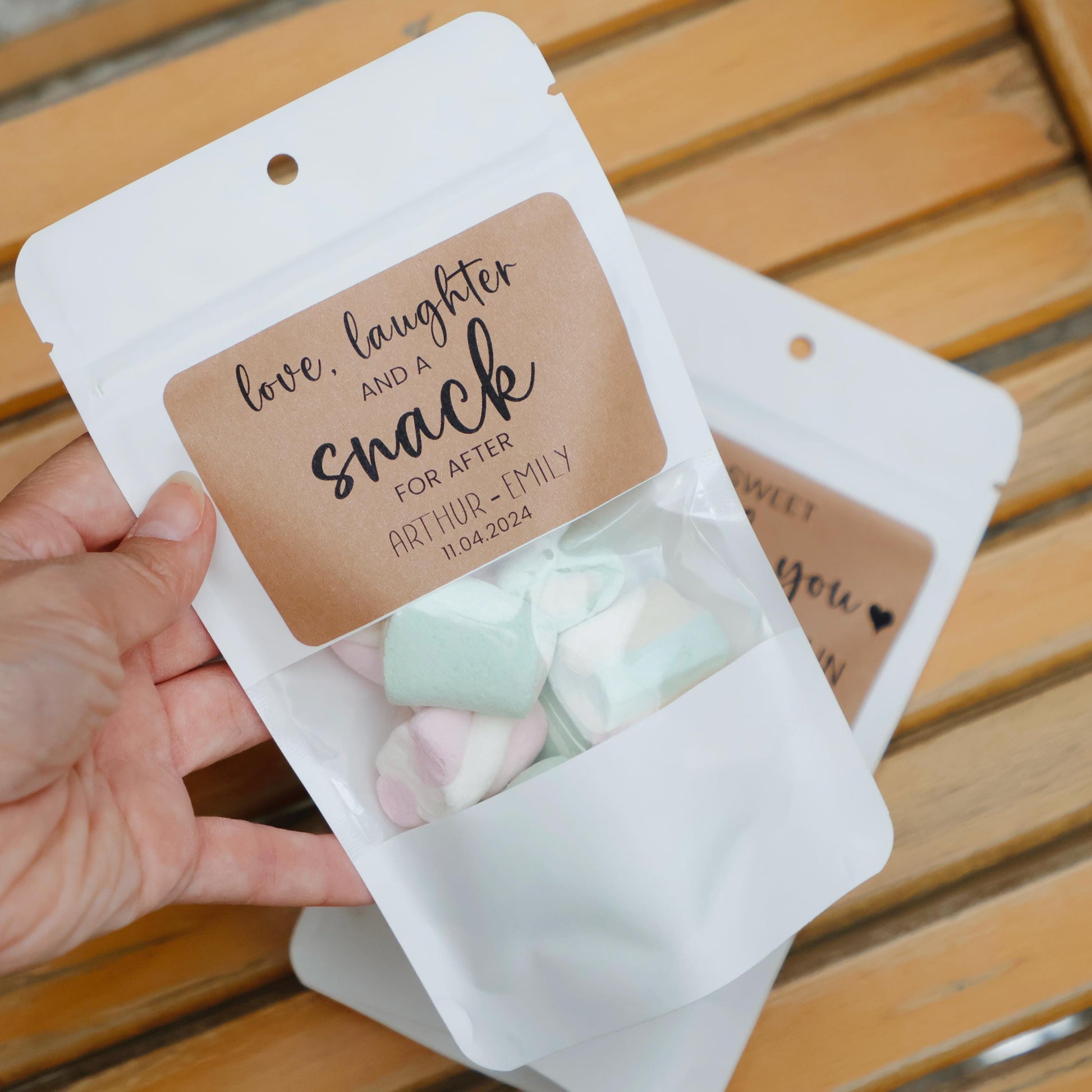 50 Pieces Wedding Favor Bags, Love Laughter and A Snack, A Sweet Thank You, Treat Bags, Wedding Stickers and Bags, Stand Up Zip Lock Bag