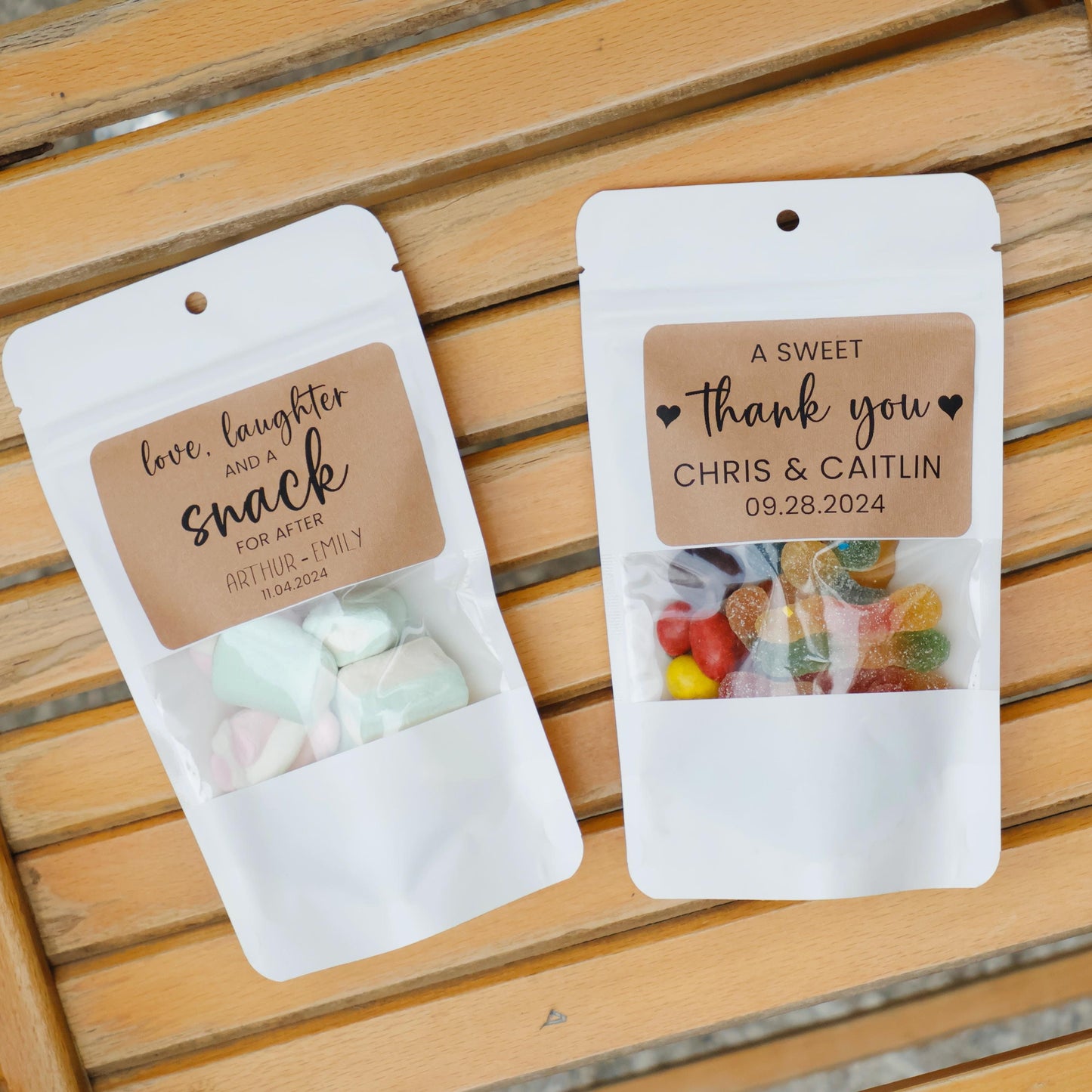 50 Pieces Wedding Favor Bags, Love Laughter and A Snack, A Sweet Thank You, Treat Bags, Wedding Stickers and Bags, Stand Up Zip Lock Bag