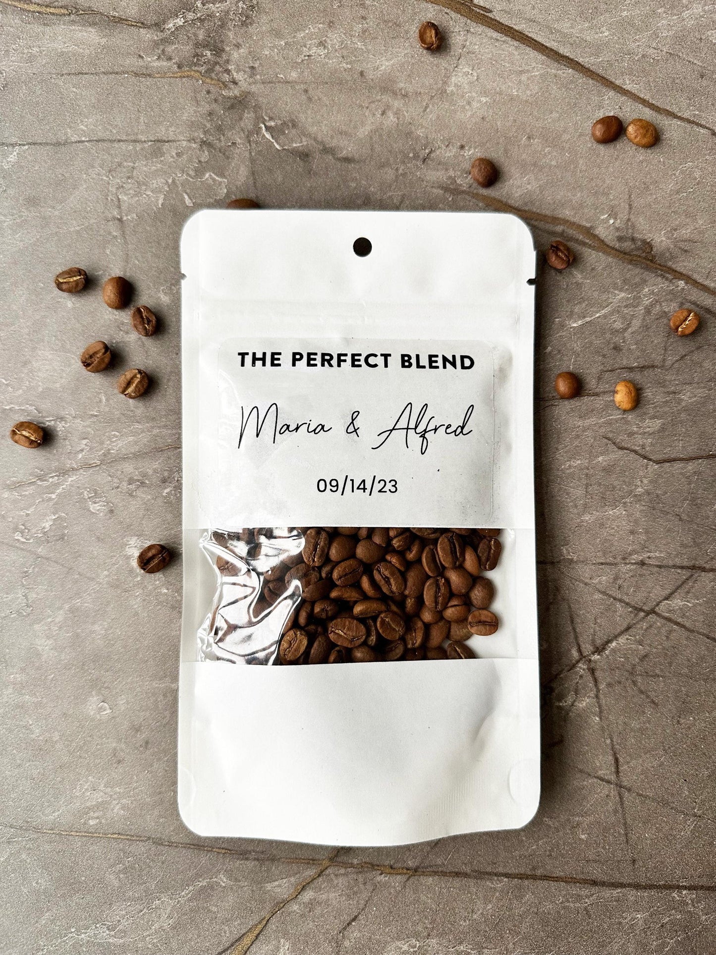 50 Pieces The Perfect Blend Coffee Bag, Wedding Favor White Coffee Pouch, Bridal Shower Favors, Kraft Zip Locked Custom Sticker Bags