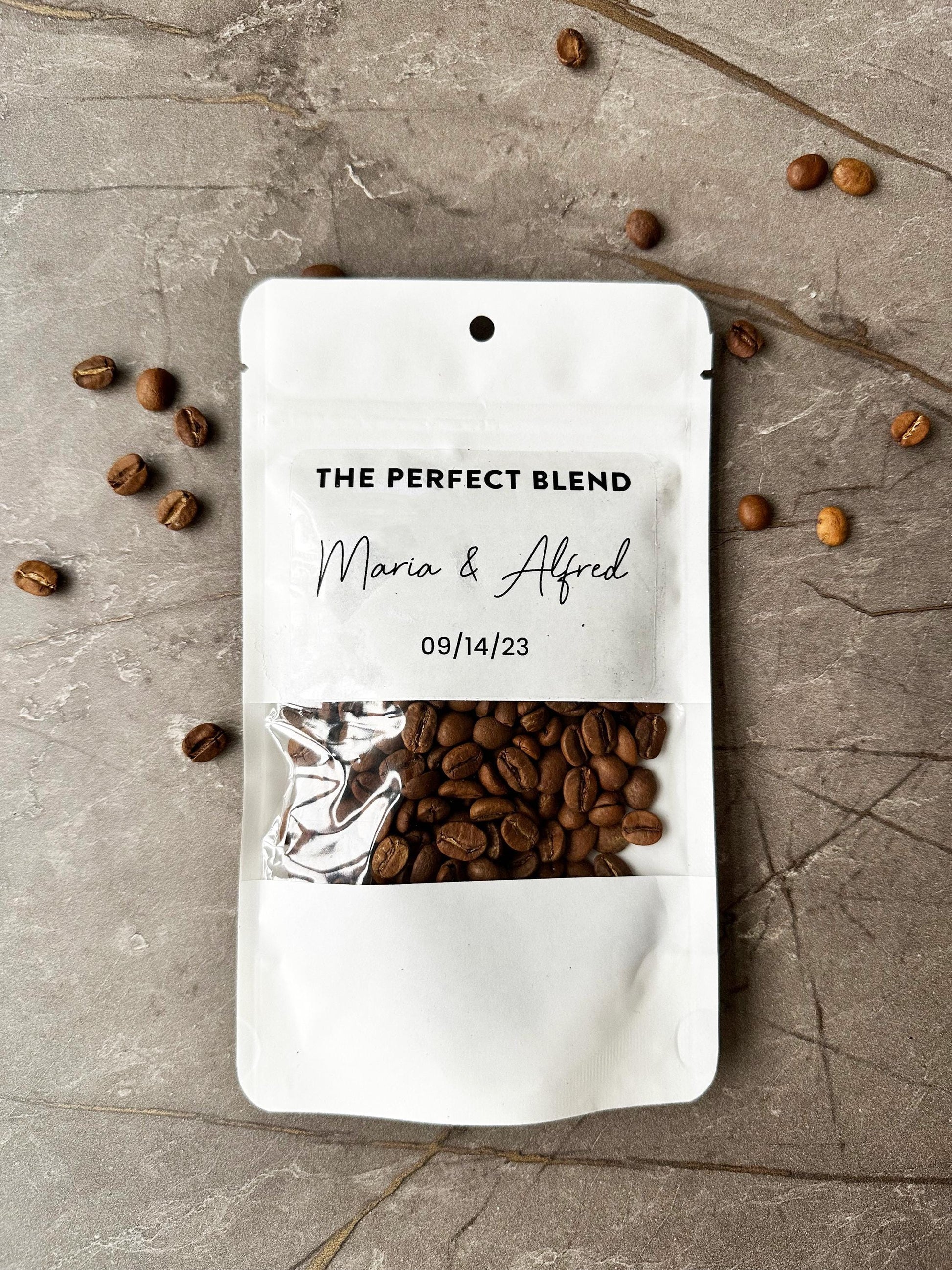 50 Pieces The Perfect Blend Coffee Bag, Wedding Favor White Coffee Pouch, Bridal Shower Favors, Kraft Zip Locked Custom Sticker Bags
