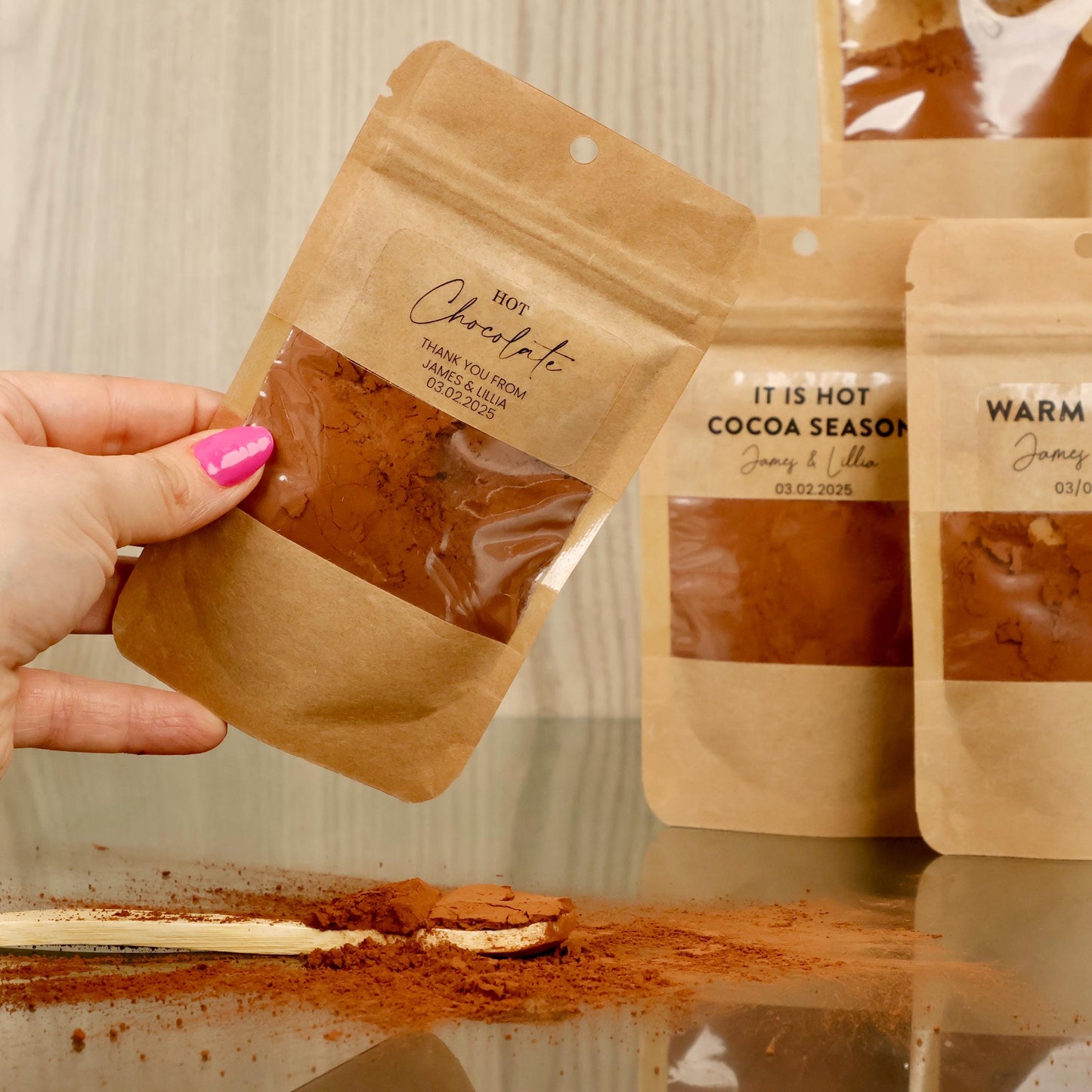 50 PCS DIY Hot Chocolate Favor Bags, Personalized Cocoa Pouch, Christmas Party Favors, Winter Wedding Gifts, Holiday Treat Bags