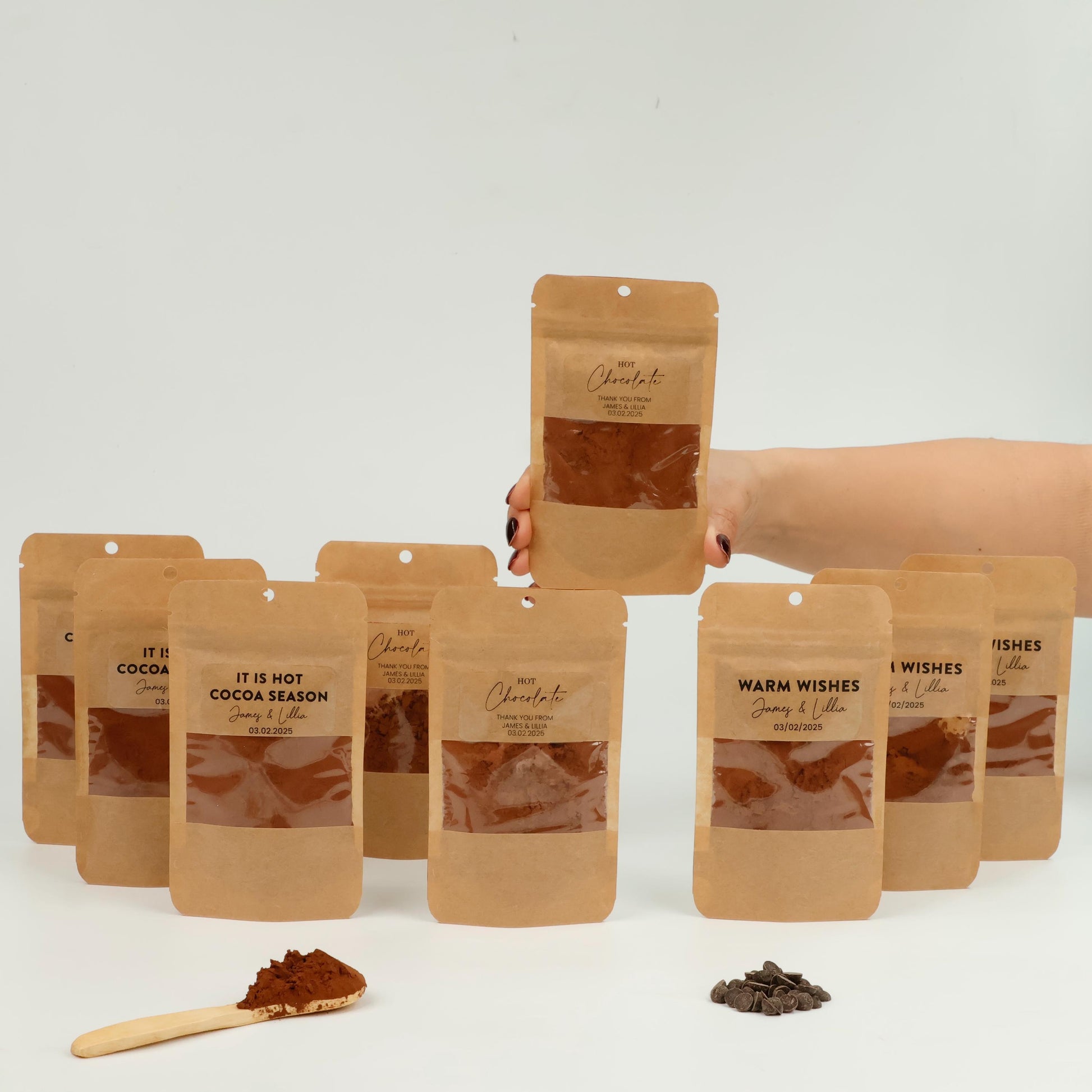 50 PCS DIY Hot Chocolate Favor Bags, Personalized Cocoa Pouch, Christmas Party Favors, Winter Wedding Gifts, Holiday Treat Bags