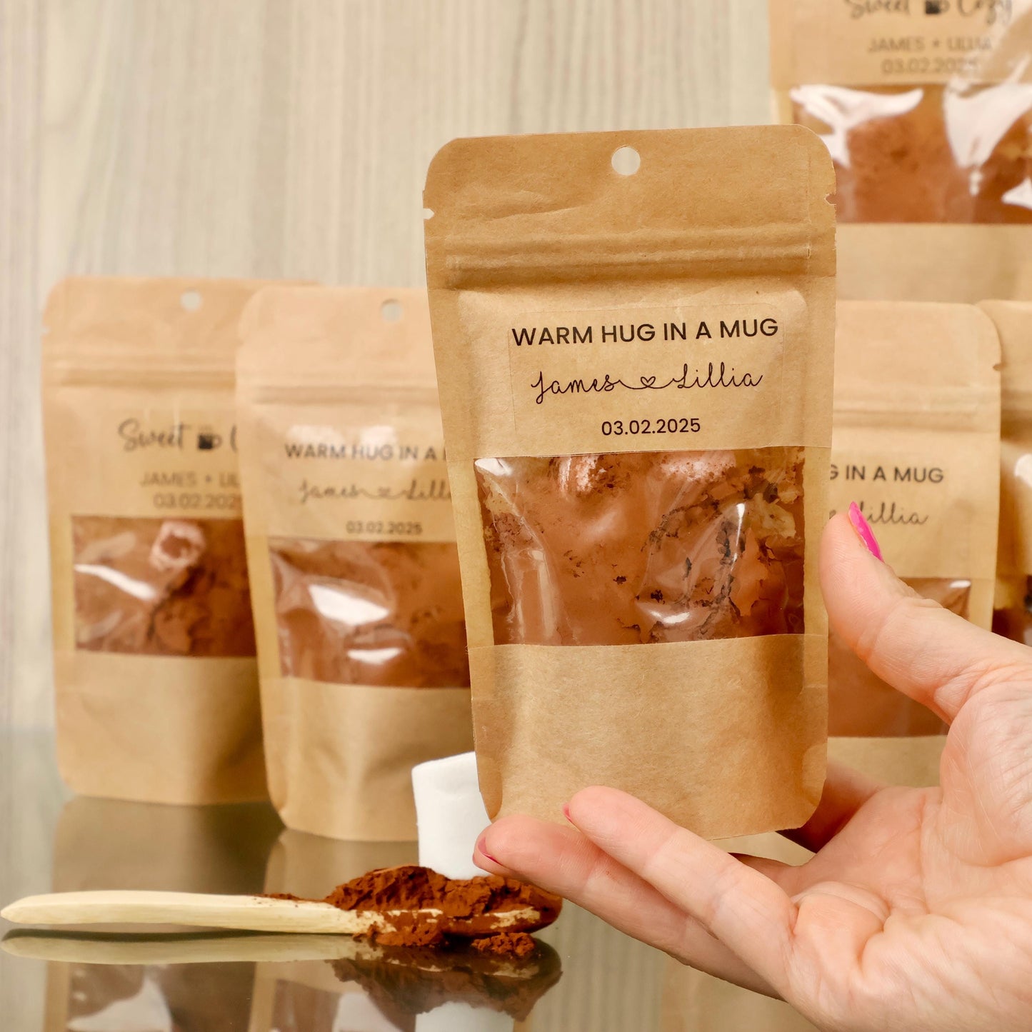 50 Pieces DIY Hot Chocolate Favor Bags | Personalized Cocoa Mix Pouch | Winter Wedding Favors | Christmas Party Gifts | Holiday Treat Bags