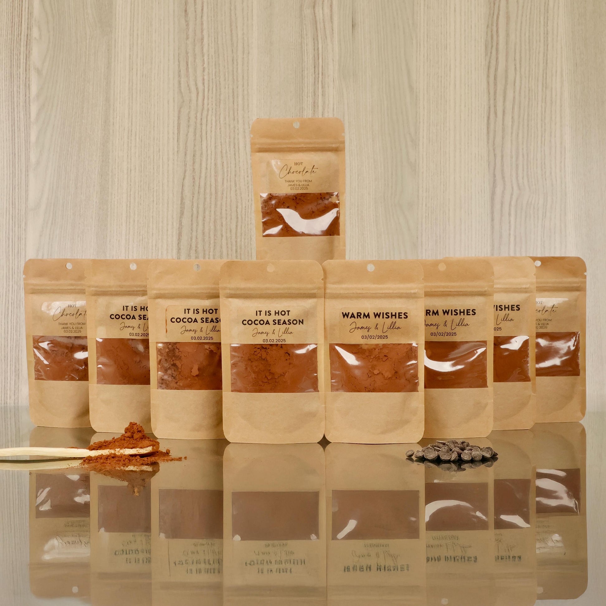 50 PCS DIY Hot Chocolate Favor Bags, Personalized Cocoa Pouch, Christmas Party Favors, Winter Wedding Gifts, Holiday Treat Bags